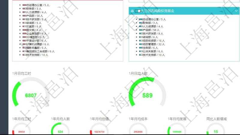 項目管理軟件人力資源管理總經(jīng)理儀表盤可以查看人力項目進(jìn)度表，包括每個公司不同部門部門年度目標(biāo)進(jìn)度、總?cè)藬?shù)。