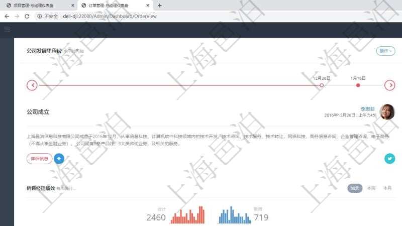 項目管理軟件訂單管理總經(jīng)理儀表盤可以查看公司發(fā)展里程碑與公司關(guān)鍵事件時間線。銷售經(jīng)理統(tǒng)計表列出了不同銷售經(jīng)理訂單銷售的業(yè)績?？蛻糁С置骷?xì)列出了客服代表客戶服務(wù)的明細(xì)信息。訂單統(tǒng)計與機(jī)房運營統(tǒng)計分別對系統(tǒng)業(yè)務(wù)運營情況和技術(shù)運營情況進(jìn)行了整體統(tǒng)計。