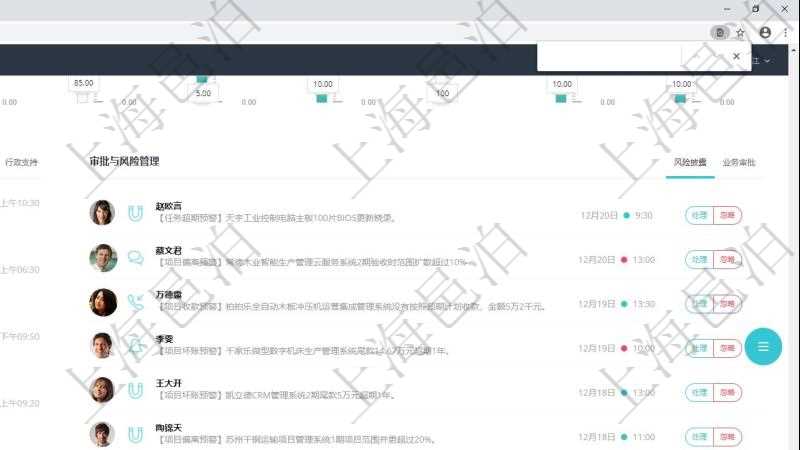 項目管理軟件項目管理總經理儀表盤可以查看業(yè)務溝通信息，比如創(chuàng)意討論、行政支持，同時也可以查看審批與風險管理，比如風險披露、業(yè)務審批?？梢允褂蔑瀳D查看1年業(yè)務貢獻和1年客戶貢獻。