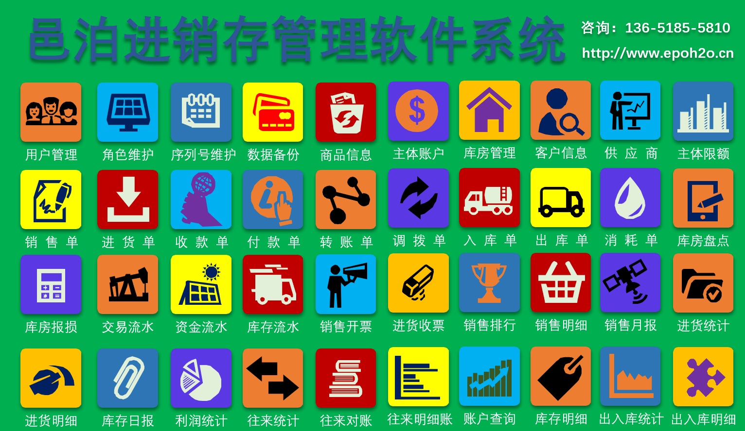 進(jìn)銷存管理軟件工作流管理系統(tǒng)通過邑泊自主研發(fā)的多個模塊系統(tǒng)，實(shí)現(xiàn)用戶、角色、序列號、商品、市場主體、賬戶、庫房、客戶、供應(yīng)商、銷售、進(jìn)貨、收款、付款、庫存等全方位的進(jìn)銷存管理