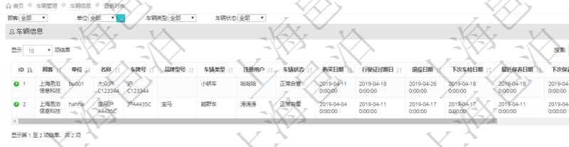 在項目管理軟件車輛管理中查詢車輛信息列表返回：單位、車輛名稱、車牌號、品牌型號、車輛類型、注冊用戶、車輛狀態(tài)、購買日期、行駛證過期日、退役日期、下次車檢日期、最近保養(yǎng)日期、下次保養(yǎng)日期、行駛里程等。