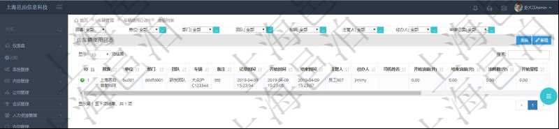 在項目管理軟件車輛管理系統(tǒng)中查詢車輛使用日志列表返回單位、部門、團隊、車輛、備注、記錄時間、開始時間、結(jié)束時間、主管人、經(jīng)辦人、司機姓名、開始油量、結(jié)束油量、油耗數(shù)、開始里程。