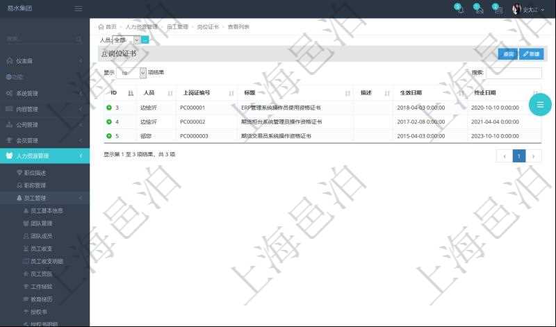 在項目管理軟件人力資源模塊，查詢崗位證書信息返回人員、上崗證編號、標(biāo)題、描述、生效日期、終止日期等。