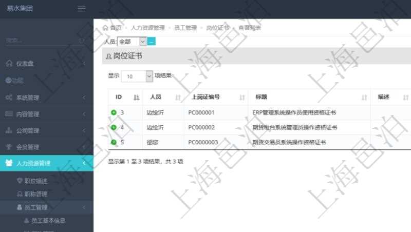 在項目管理軟件人力資源模塊，查詢崗位證書信息返回人員、上崗證編號、標題、描述、生效日期、終止日期等。