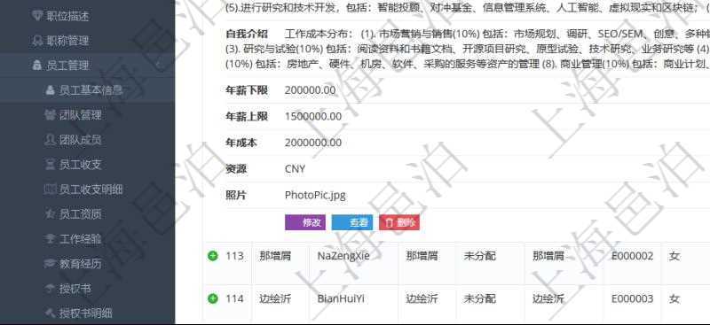 項目管理軟件人力資源管理模塊查詢列表可以查詢返回員工基本信息資料，比如：姓名、代碼、描述、財務(wù)人、登錄賬戶、工號、性別、生日、入職日期、學(xué)歷、崗位、職稱、電話、傳真、電子郵件、單位、部門、直接主管、在職狀態(tài)、負(fù)責(zé)領(lǐng)域、標(biāo)簽、崗位職責(zé)、自我介紹、年薪下限、年薪上限、年成本、資源、照片等。