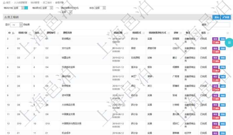 在項目管理軟件人力資源模塊，查詢員工培訓(xùn)信息返回培訓(xùn)計劃、項次、課程編號、課程名稱、培訓(xùn)日期、培訓(xùn)形式、培訓(xùn)效果評價方式、講師、備注、狀態(tài)等。