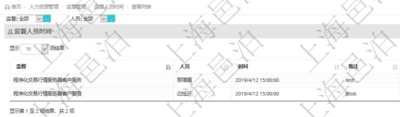 在項(xiàng)目管理軟件人力資源模塊，查詢監(jiān)督人員時(shí)間信息返回監(jiān)督、人員、執(zhí)行時(shí)間及備注。