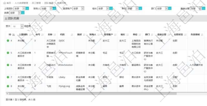 項目管理軟件人力資源管理團隊管理查看列表可以查詢到團隊檔案詳細信息，比如：上級團隊、序號、團隊名稱、團隊描述、財務人、登錄賬戶、組長、單位、部門、直接主管、在職狀態(tài)、負責領(lǐng)域、標簽等。