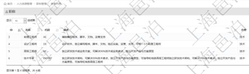 項目管理軟件人力資源管理職稱管理查詢列表可以查詢維護(hù)職稱配置信息，比如包括：ID、名稱、代碼、描述與分類等。