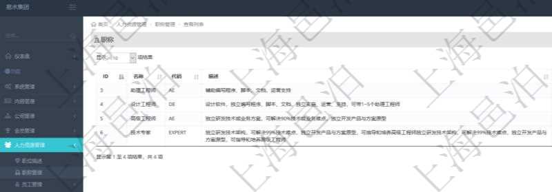 項(xiàng)目管理軟件人力資源管理職稱管理查詢列表可以查詢維護(hù)職稱配置信息，比如包括：ID、名稱、代碼、描述與分類等。