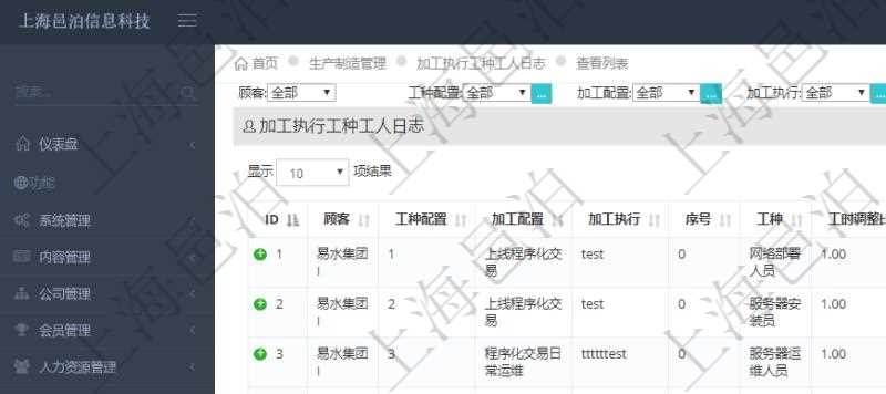 在項目管理軟件MES生產制造管理系統中查詢加工執(zhí)行工種工人日志返回工種配置、加工配置、加工執(zhí)行、序號、工種、工時調整比率、描述、工人、計件人力成本、計時人力成本、計件工種成本、計時工種成本、資源、貨幣單位、工時、備注等。