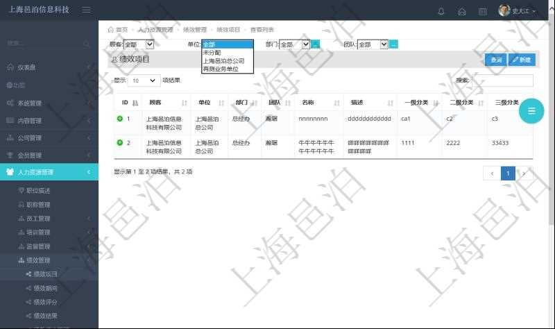 在項(xiàng)目管理軟件中，人力資源績(jī)效最多可分為3級(jí)分類管理，通過(guò)績(jī)效項(xiàng)目查詢頁(yè)面，用戶可以查到具體績(jī)效項(xiàng)目明細(xì)，比如：?jiǎn)挝?、部門、團(tuán)隊(duì)、名稱、描述、一級(jí)分類、二級(jí)分類、三級(jí)分類等。