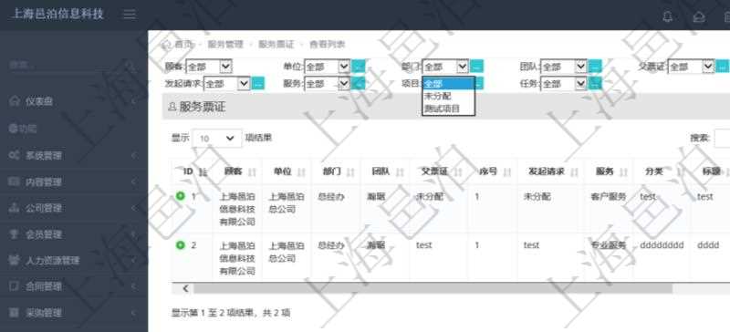 項目管理軟件通過服務票證跟蹤和管理服務工作流程。通過查詢服務票證頁面可以查詢得到服務票證詳細列表，列表內(nèi)容包括：單位、部門、團隊、父票證、序號、發(fā)起請求、服務、分類、標題、描述等。