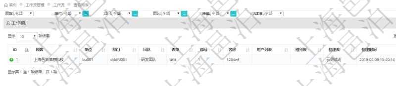 在項(xiàng)目管理軟件工作流管理系統(tǒng)查詢工作流列表返回單位、部門、團(tuán)隊(duì)、表單、序號(hào)、名稱、用戶列表、組列表、創(chuàng)建者、創(chuàng)建時(shí)間、激活狀態(tài)。