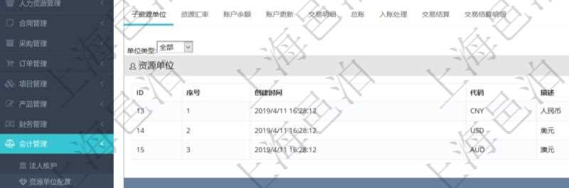 項目管理軟件會計管理模塊資源單位維護查詢還可以關聯查詢更多相關資料，比如子資源單位信息：序號、創(chuàng)建時間、子資源單位代碼、描述、資源單位類型等。