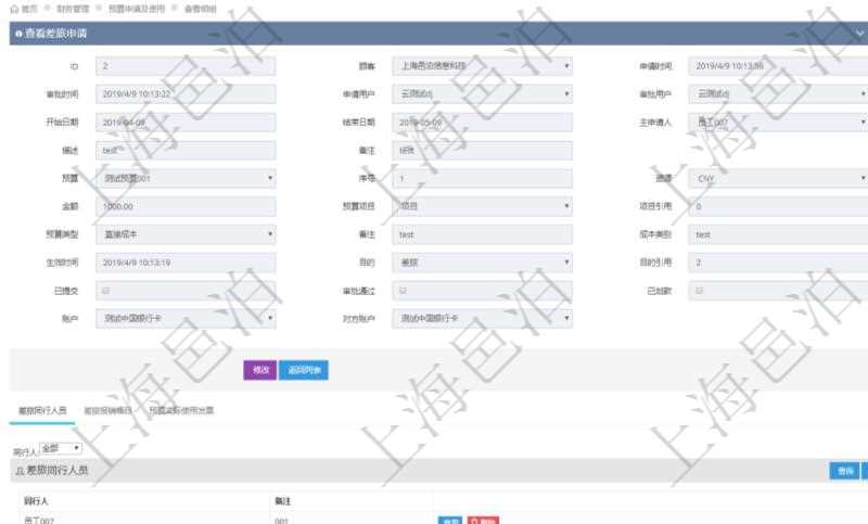 在項目管理軟件財務管理模塊查詢差旅申請明細信息時，返回相關信息：申請時間、審批時間、申請用戶、審批用戶、開始日期、結束日期、主申請人、描述、備注、預算、序號、貨幣單位、金額、預算項目、項目引用、預算類型、備注、成本類別、生效時間、已提交、審批通過、已劃款、賬戶、對方賬戶。同時，在差旅同行人員維護列表可以增減同行人及備注。