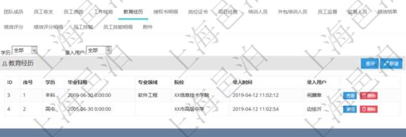 項目管理軟件人力資源管理模塊員工基本信息資料明細查詢還可以關(guān)聯(lián)查詢更多相關(guān)資料，比如員工教育經(jīng)歷：序號、學(xué)歷、畢業(yè)日期、專業(yè)領(lǐng)域、院校、錄入時間、錄入用戶等。