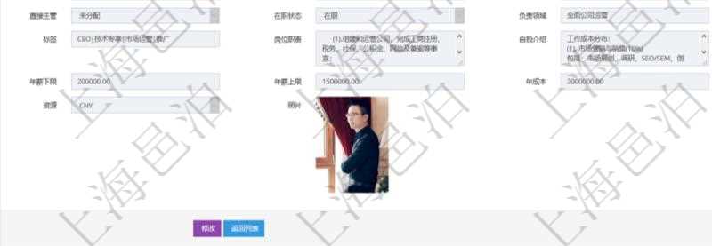 項目管理軟件人力資源管理模塊員工基本信息資料明細查詢還可以關(guān)聯(lián)查詢更多相關(guān)資料，比如參加過的外包培訓(xùn)及評價。