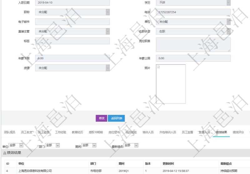 項(xiàng)目管理軟件人力資源管理模塊員工基本信息資料明細(xì)查詢還可以關(guān)聯(lián)查詢更多相關(guān)資料，比如績(jī)效結(jié)果：?jiǎn)挝?、部門、期間、版本、更新時(shí)間、最新績(jī)點(diǎn)、最新原始績(jī)點(diǎn)、備注等。