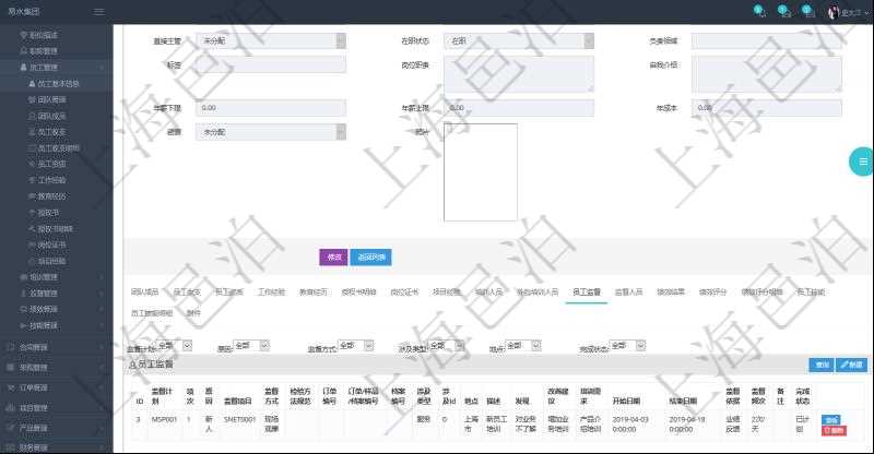 項(xiàng)目管理軟件人力資源管理模塊員工基本信息資料明細(xì)查詢還可以關(guān)聯(lián)查詢更多相關(guān)資料，比如監(jiān)督計劃、項(xiàng)次、原因、監(jiān)督項(xiàng)目、監(jiān)督方式、檢驗(yàn)方法規(guī)范、訂單編號、訂單樣品檔案編號、檔案編號、設(shè)計類型、涉及ID、地點(diǎn)、描述、發(fā)現(xiàn)、改善建議、培訓(xùn)需求、監(jiān)督員、開始日期、結(jié)束日期、監(jiān)督依據(jù)、監(jiān)督頻次、備注及完成狀態(tài)等。