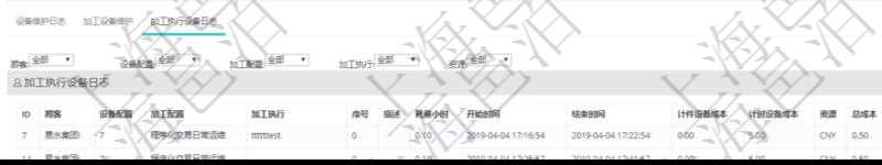 在項目管理軟件MES生產(chǎn)制造管理系統(tǒng)查看設備維護信息時返回設備信息。同時返回關聯(lián)的加工執(zhí)行設備日志：設備配置、加工配置、加工執(zhí)行、序號、描述、耗費小時、開始時間、結束時間、計件設備成本、計時設備成本、資源、貨幣單位、總成本。
