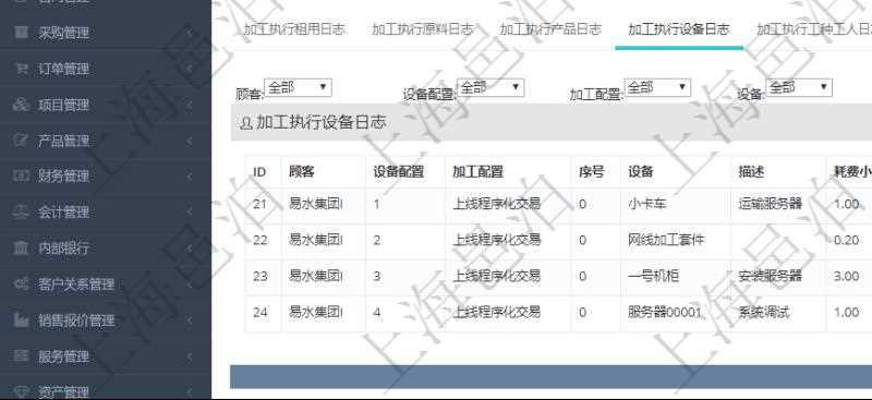 在項(xiàng)目管理軟件MES生產(chǎn)制造管理系統(tǒng)查詢加工執(zhí)行日志信息時(shí)，還返回了關(guān)聯(lián)的加工執(zhí)行設(shè)備日志：設(shè)備配置、加工配置、序號(hào)、設(shè)備、描述、耗費(fèi)小時(shí)、開始時(shí)間、結(jié)束時(shí)間、計(jì)件設(shè)備成本、計(jì)時(shí)設(shè)備成本、資源、貨幣單位、總成本。