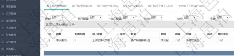 在項目管理軟件MES生產制造管理系統(tǒng)查詢加工執(zhí)行日志信息時，還返回了關聯的加工執(zhí)行租用日志：租用配置、加工配置、序號、物資、物料、數量、容器、描述、租用小時、開始時間、結束時間。
